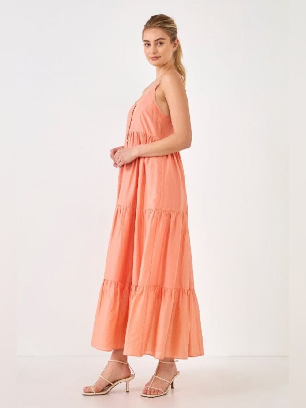 💫 Endless Rose Feminine Boho Coral Tiered  Dress Button Detail Size Small NWT - Picture 2 of 7